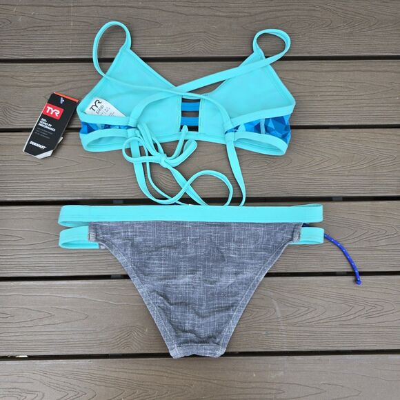 TYR Womens Teal/grey Optic Pacific Tieback Workout Bikini Sz S New - Picture 2 of 3